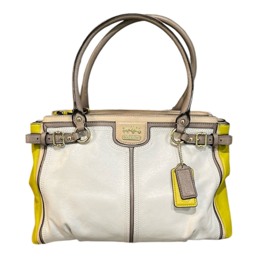 COACH EUC Madison Colorblock Kara Carryall beige/lime Leather Excellent LIKE new